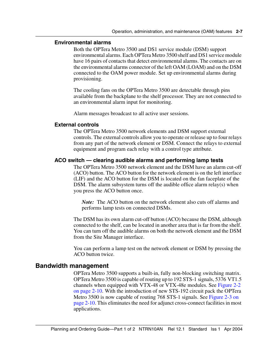 Environmental alarms, External controls, Bandwidth management | Bandwidth management 2-7 | Nortel Networks OPTera Metro 3500 User Manual | Page 45 / 342