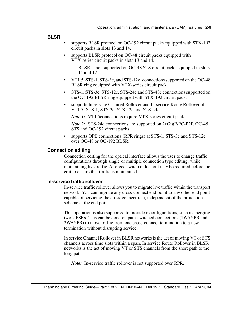 Blsr, Connection editing, In-service traffic rollover | Nortel Networks OPTera Metro 3500 User Manual | Page 47 / 342