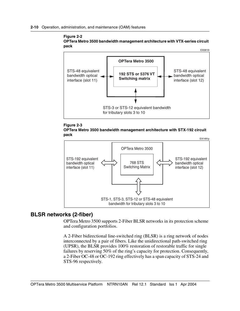 Blsr networks (2-fiber), Blsr networks (2-fiber) 2-10, Figure 2-2 | Figure 2-3 on | Nortel Networks OPTera Metro 3500 User Manual | Page 48 / 342