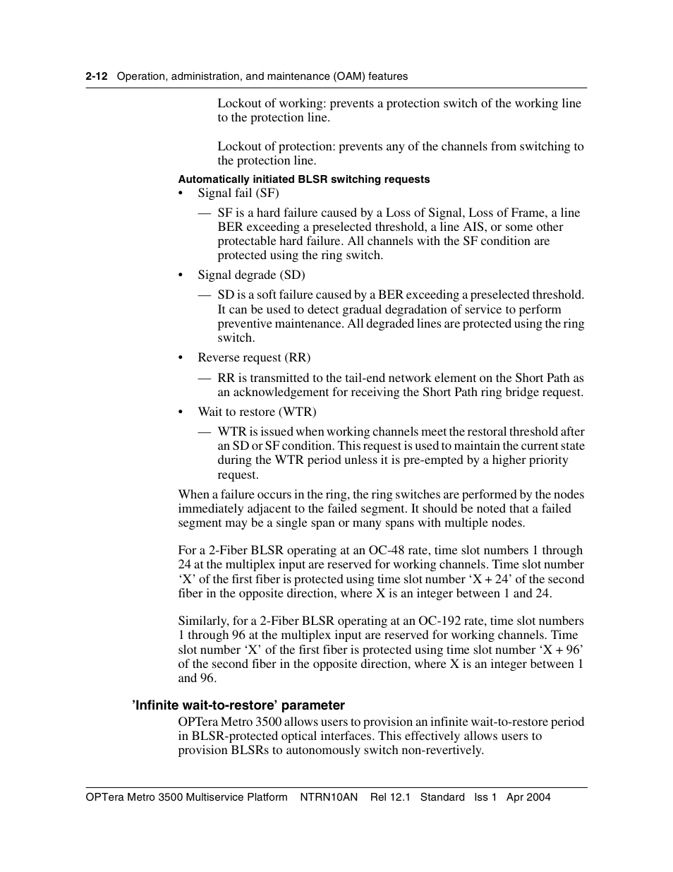 Infinite wait-to-restore’ parameter, Infinite wait-to-restore’ parameter 2-12 | Nortel Networks OPTera Metro 3500 User Manual | Page 50 / 342