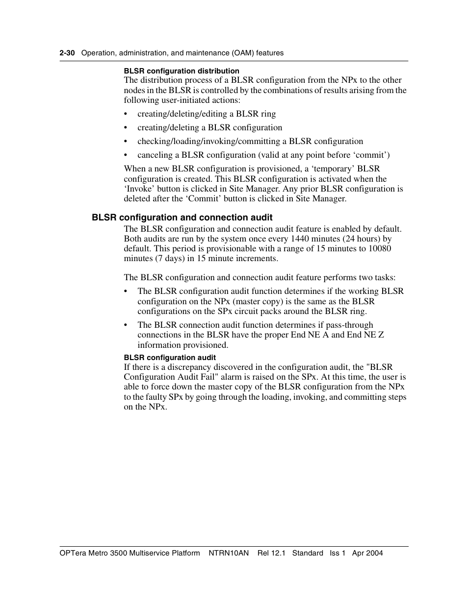 Blsr configuration and connection audit, Blsr configuration and connection audit 2-30 | Nortel Networks OPTera Metro 3500 User Manual | Page 68 / 342