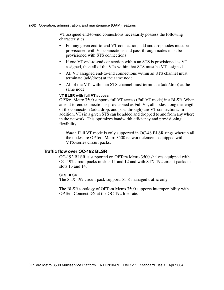 Traffic flow over oc-192 blsr, Traffic flow over oc-192 blsr 2-32 | Nortel Networks OPTera Metro 3500 User Manual | Page 70 / 342