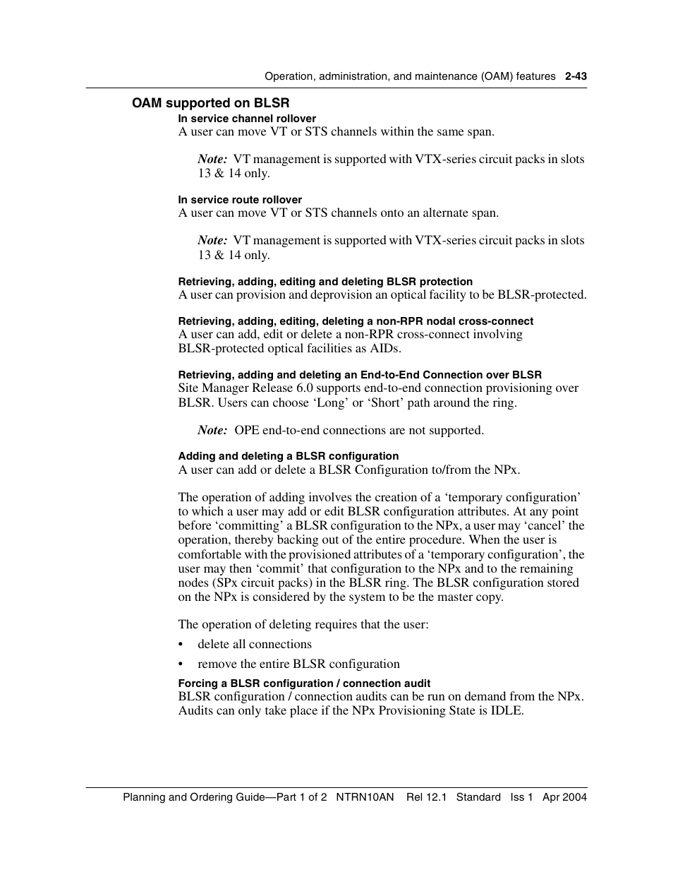 Oam supported on blsr, Oam supported on blsr 2-43 | Nortel Networks OPTera Metro 3500 User Manual | Page 81 / 342