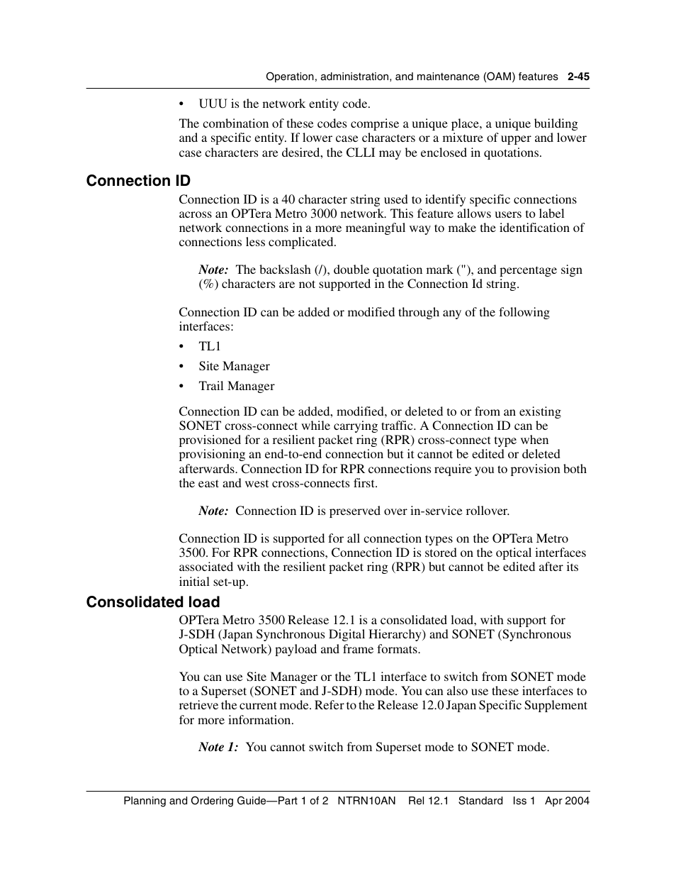 Connection id, Consolidated load, Connection id 2-45 consolidated load 2-45 | Nortel Networks OPTera Metro 3500 User Manual | Page 83 / 342