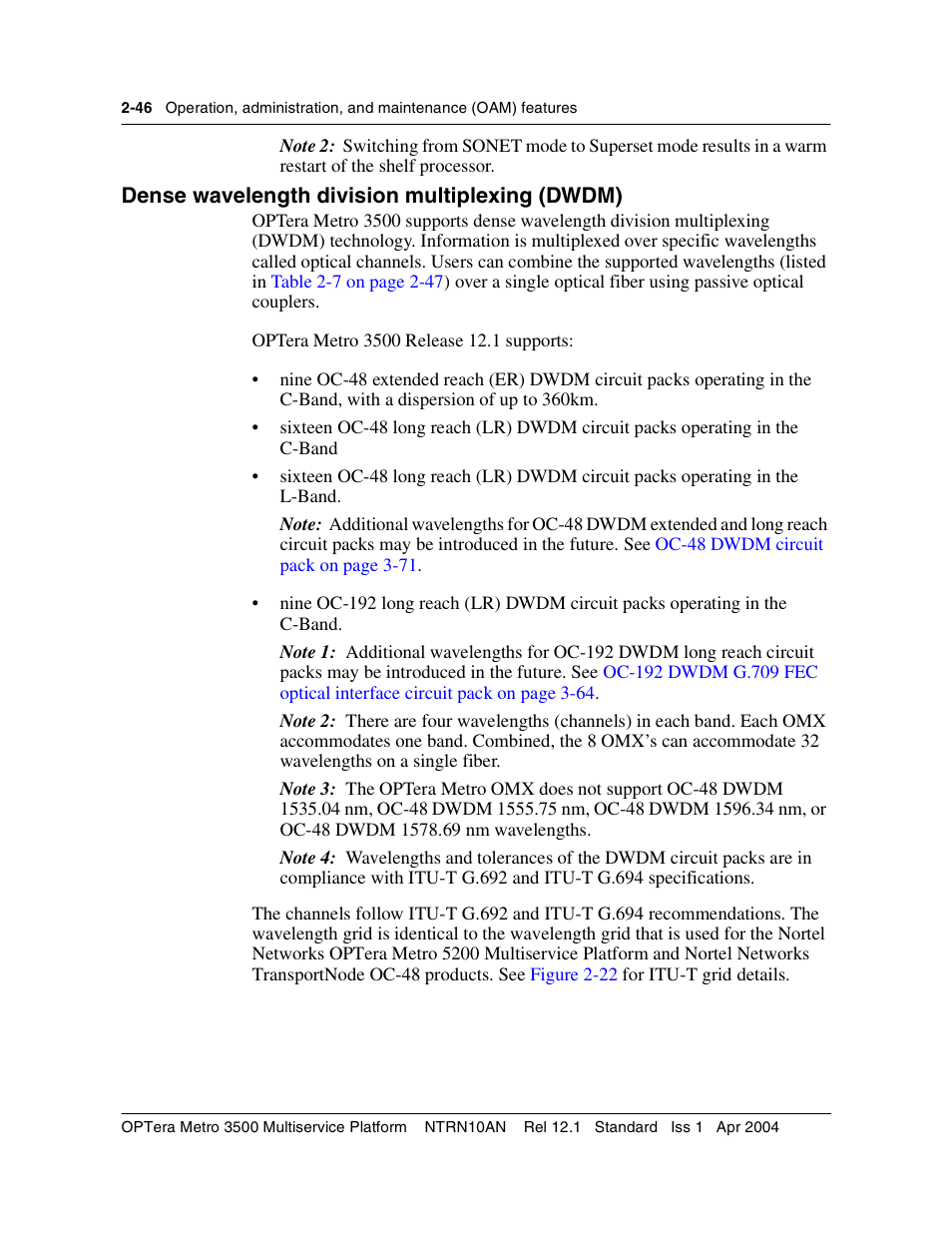 Dense wavelength division multiplexing (dwdm), Dense wavelength division multiplexing (dwdm) 2-46 | Nortel Networks OPTera Metro 3500 User Manual | Page 84 / 342