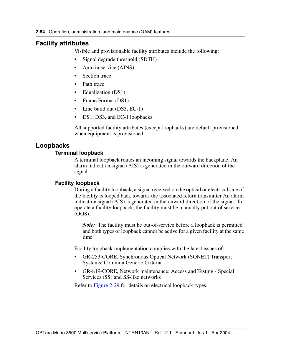 Facility attributes, Loopbacks, Terminal loopback | Facility loopback, Facility attributes 2-54 loopbacks 2-54, Terminal loopback 2-54 facility loopback 2-54 | Nortel Networks OPTera Metro 3500 User Manual | Page 92 / 342