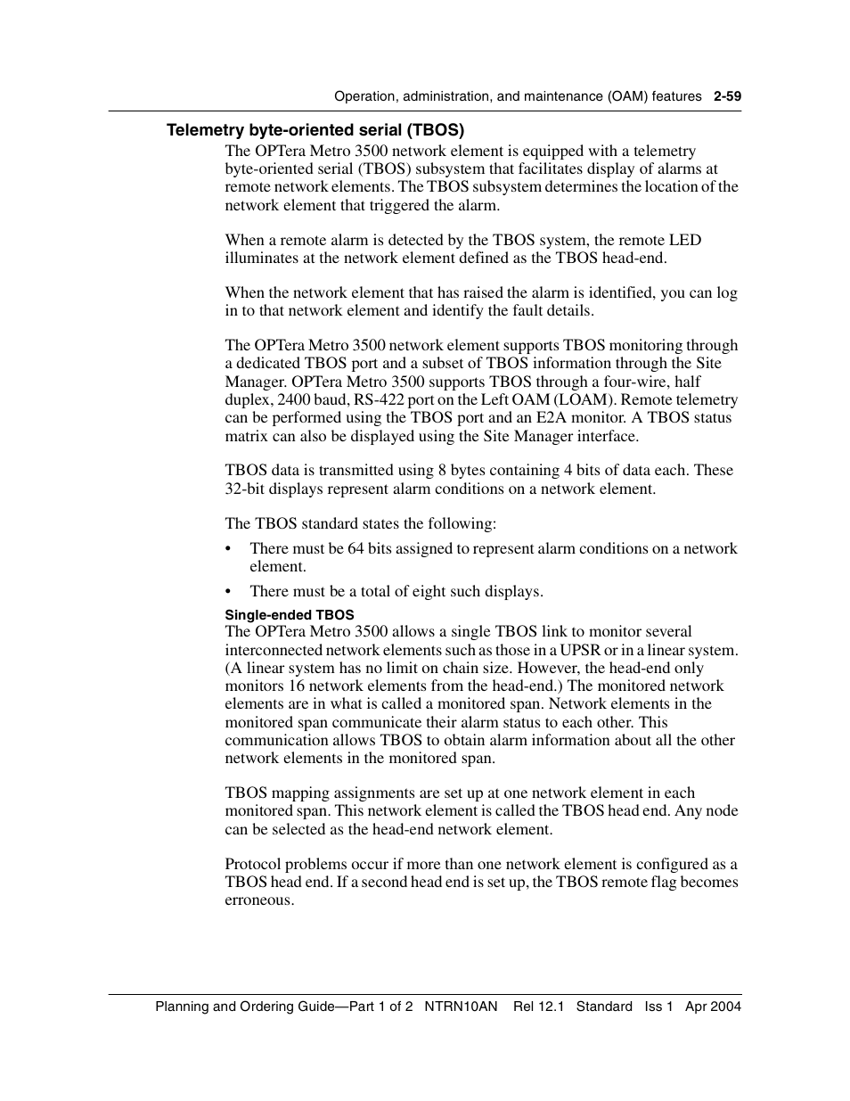 Telemetry byte-oriented serial (tbos), Telemetry byte-oriented serial (tbos) 2-59 | Nortel Networks OPTera Metro 3500 User Manual | Page 97 / 342