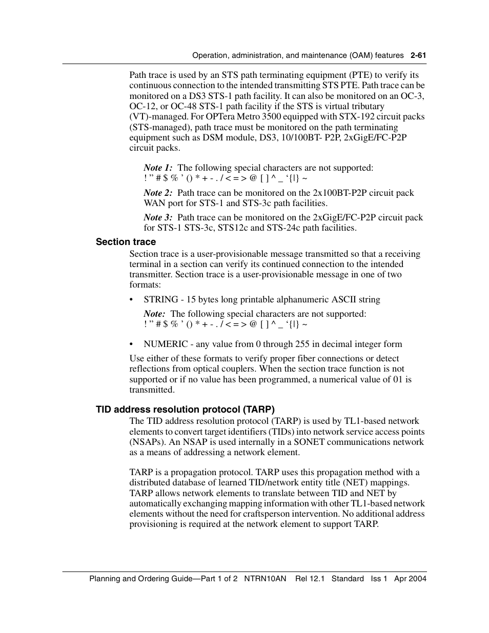 Section trace, Tid address resolution protocol (tarp) | Nortel Networks OPTera Metro 3500 User Manual | Page 99 / 342