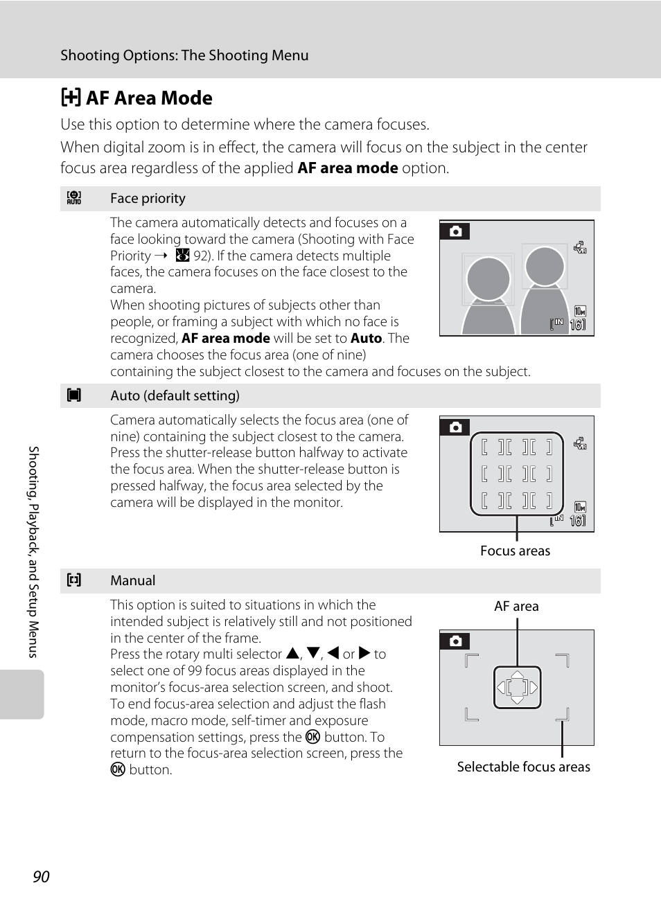 Af area mode, G af area mode, A 90). pres | A 90), A 90 | Nikon S610 - S610c User Manual | Page 102 / 151