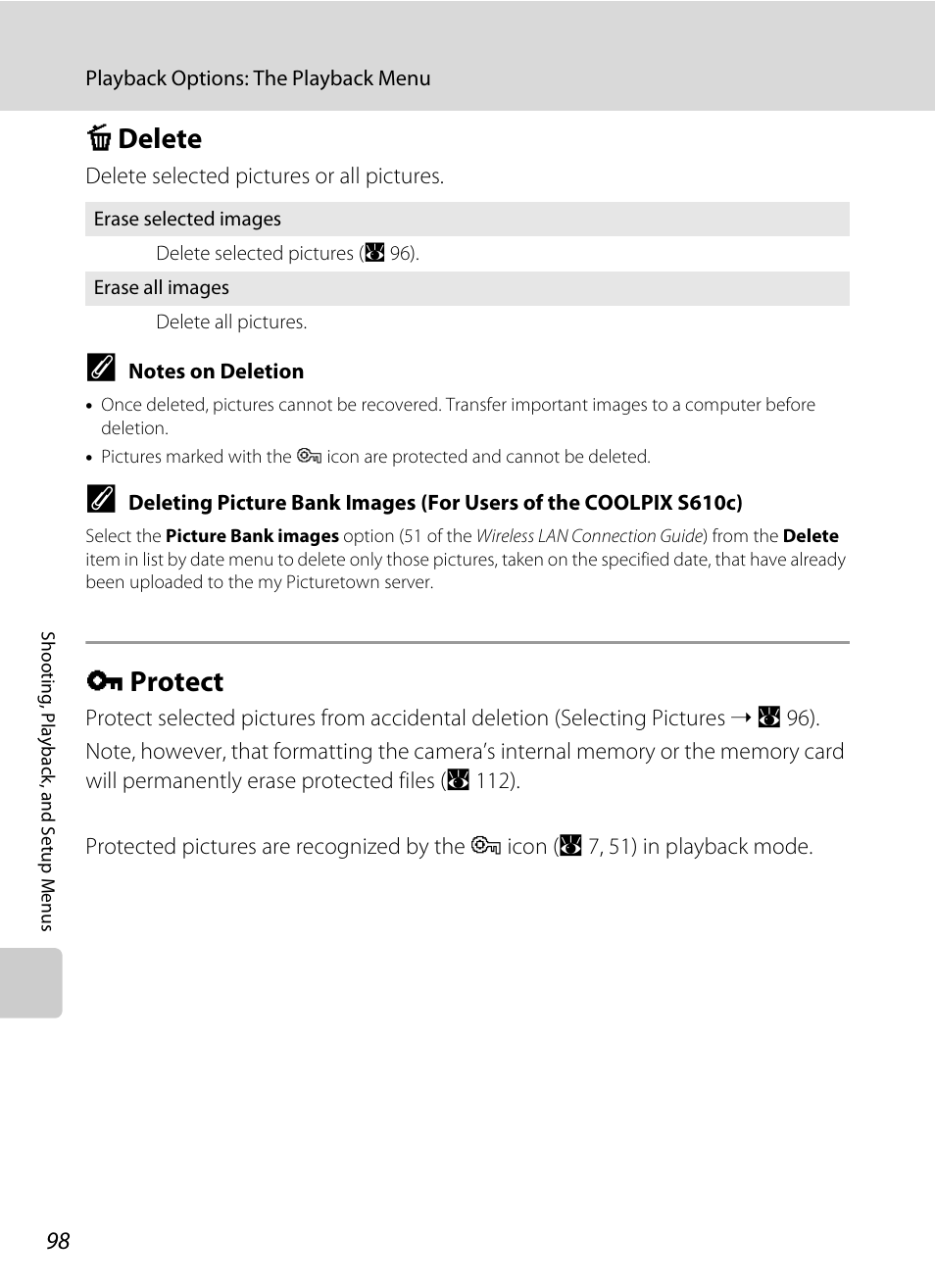 Delete, Protect, C delete d protect | A 98) f, A 98) ar, Ting (a 98), A 98, A 98), C delete, D protect | Nikon S610 - S610c User Manual | Page 110 / 151