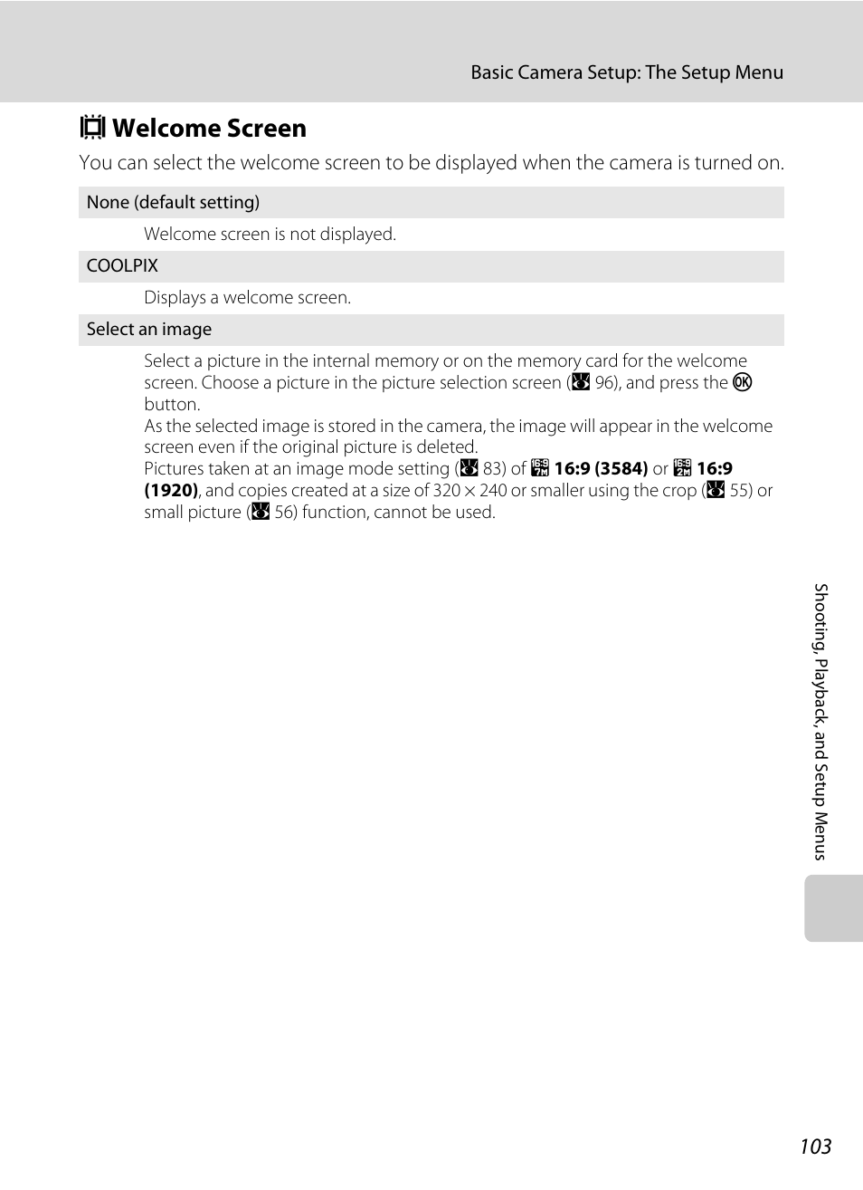 Welcome screen, C welcome screen, A 103) | A 103 | Nikon S610 - S610c User Manual | Page 115 / 151