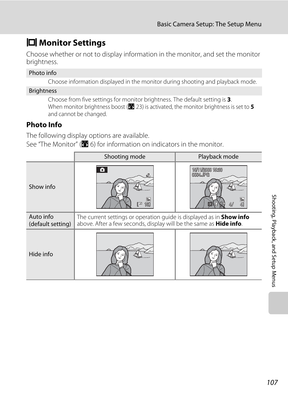 Monitor settings, E monitor settings, A 107) | A 107, Photo info | Nikon S610 - S610c User Manual | Page 119 / 151