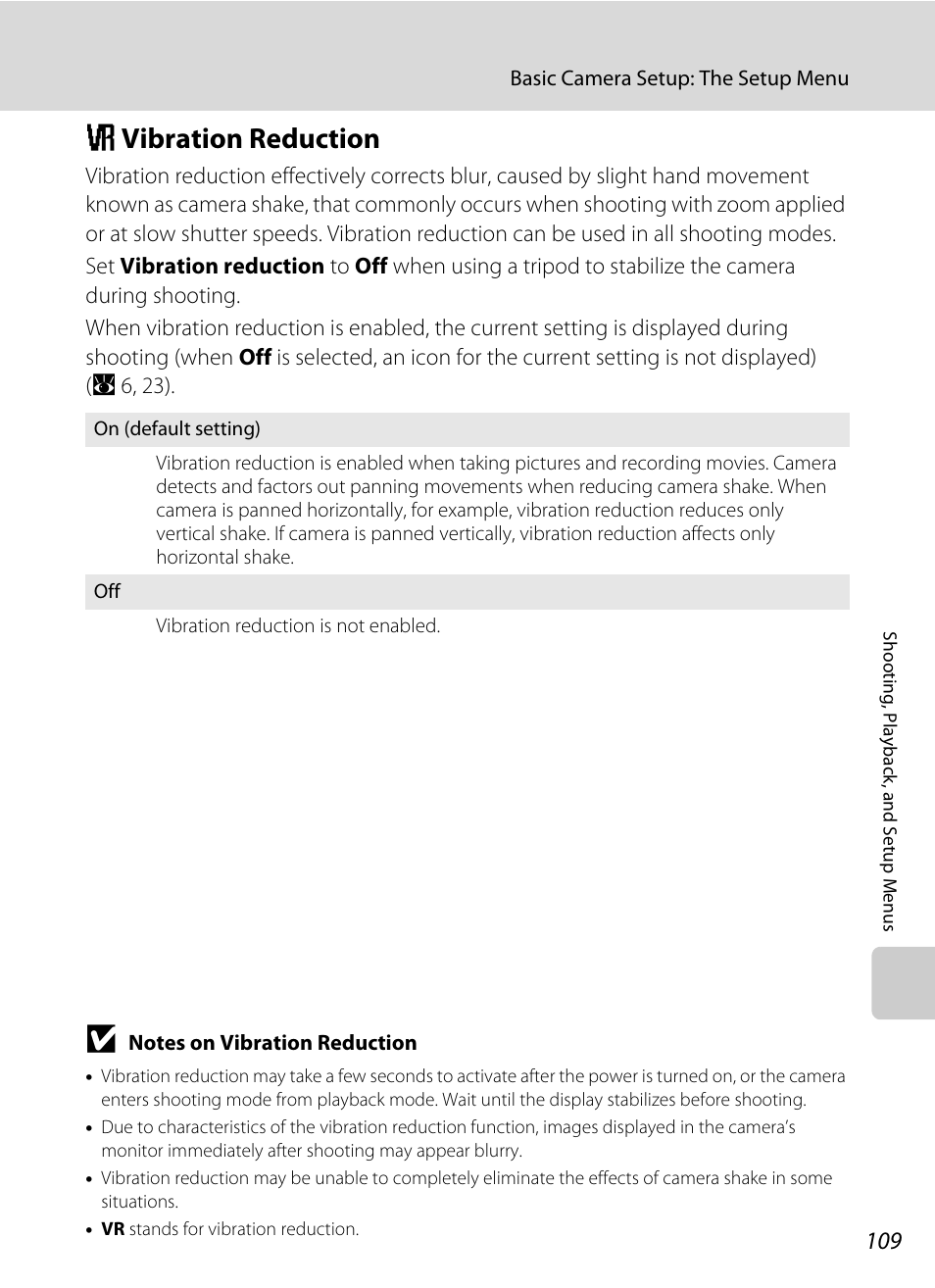 Vibration reduction, G vibration reduction, A 109) i | A 109), A 109) to, A 109) a, A 109, A 109) t | Nikon S610 - S610c User Manual | Page 121 / 151