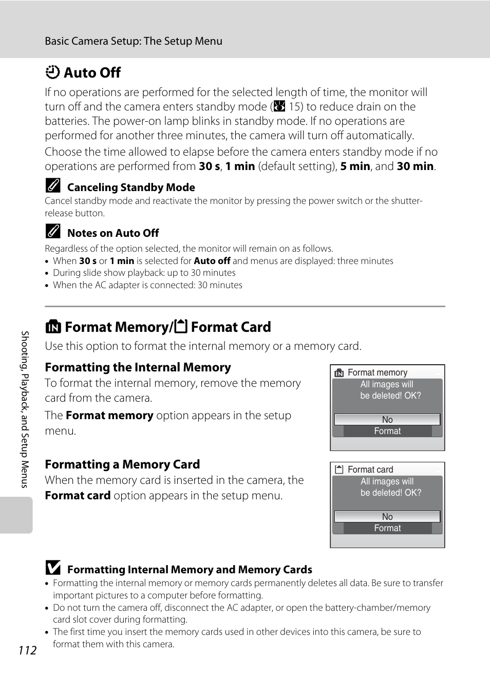 Auto off, Format memory/format card, K auto off l format memory/m format card | A 112) i, Tup menu (a 112), A 112). note, A 112), A 112, K auto off | Nikon S610 - S610c User Manual | Page 124 / 151