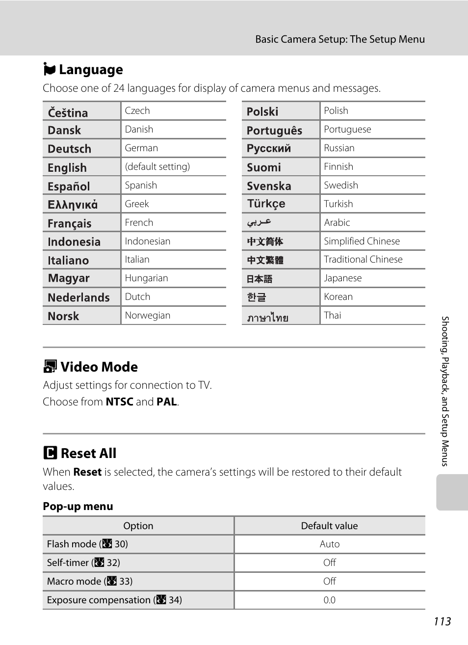 Language, Video mode, Reset all | N language o video mode p reset all, A 113, N language, O video mode, P reset all | Nikon S610 - S610c User Manual | Page 125 / 151