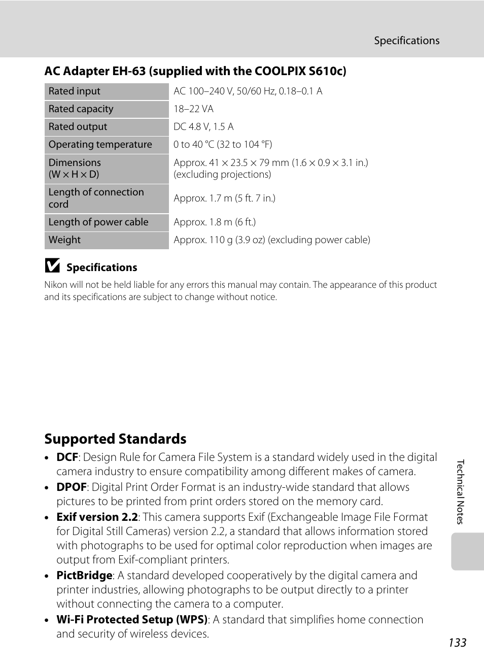 Supported standards, Tible, A 133) p | A 133) | Nikon S610 - S610c User Manual | Page 145 / 151