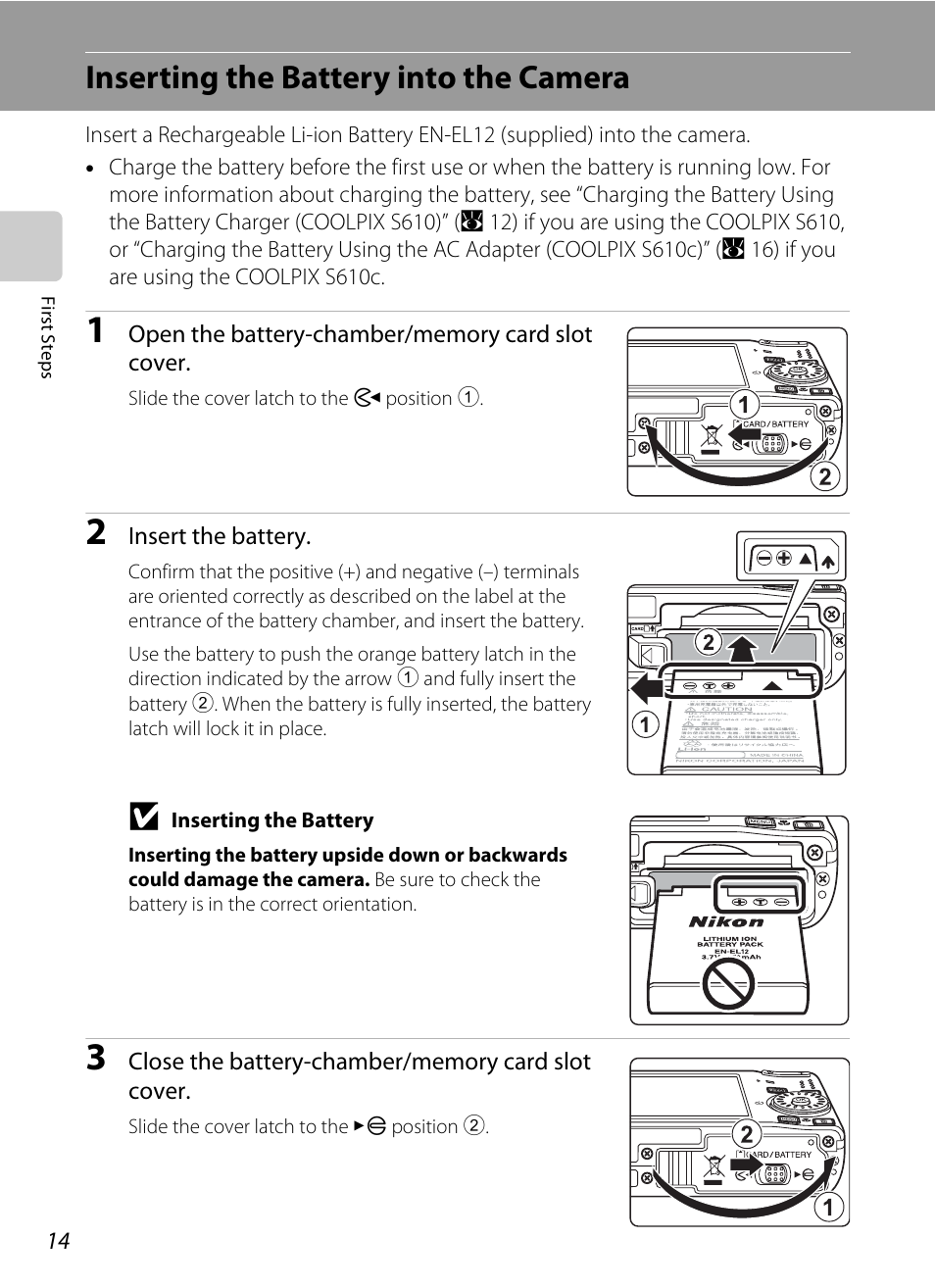 Inserting the battery into the camera, D to “inserting the battery into the camera, A 14) and | Nikon S610 - S610c User Manual | Page 26 / 151