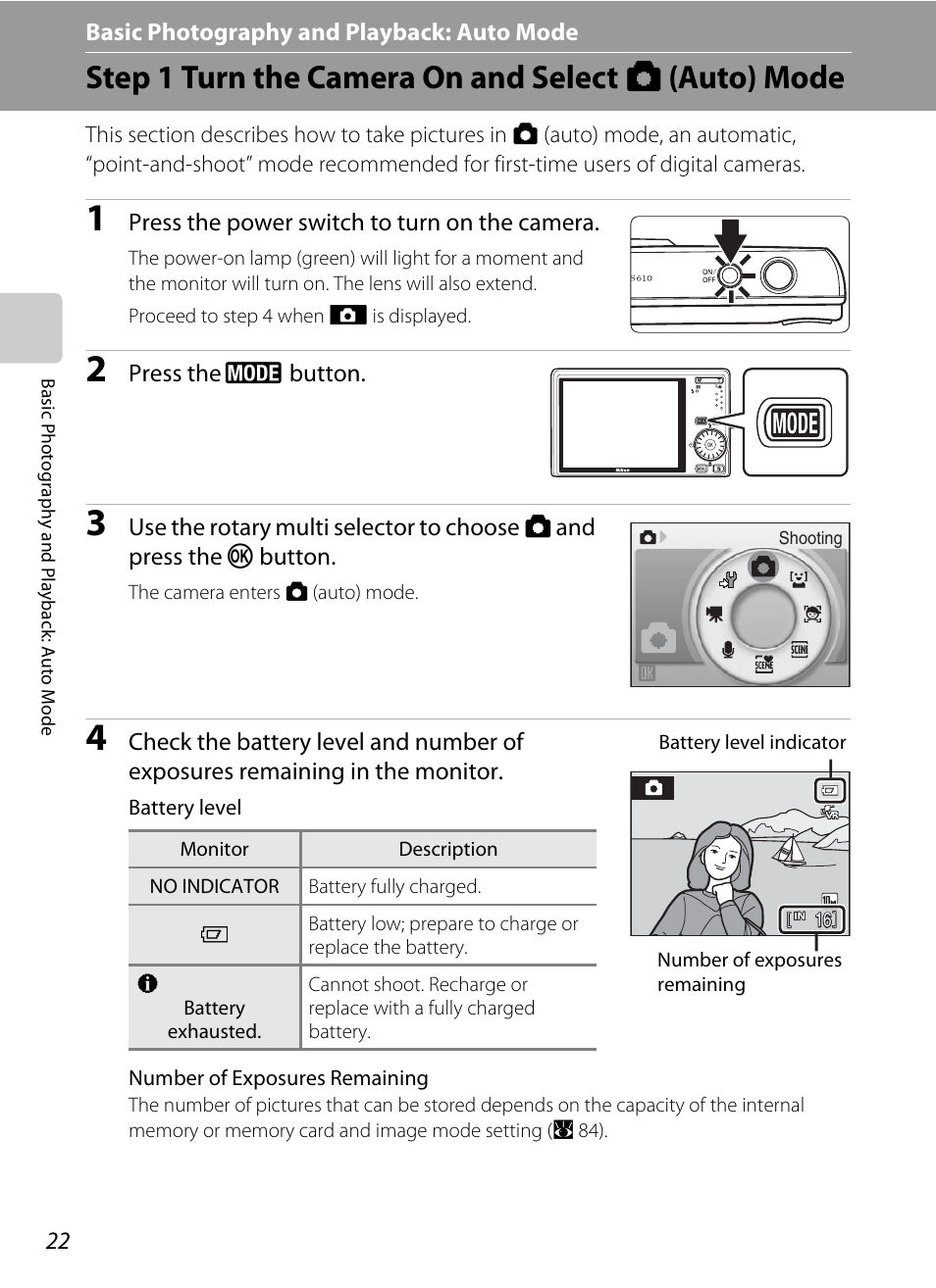 Basic photography and playback: auto mode, Step 1 turn the camera on and select auto mode, A basic photography and playback: auto mode | Step 1 turn the camera on and select a (auto) mode | Nikon S610 - S610c User Manual | Page 34 / 151