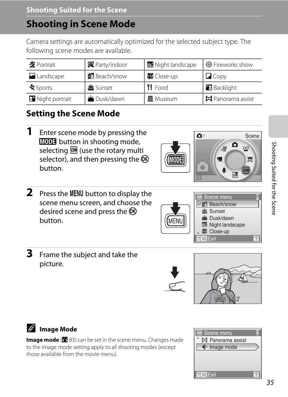 Shooting suited for the scene, Shooting in scene mode, Setting the scene mode | C shooting in scene mode | Nikon S610 - S610c User Manual | Page 47 / 151