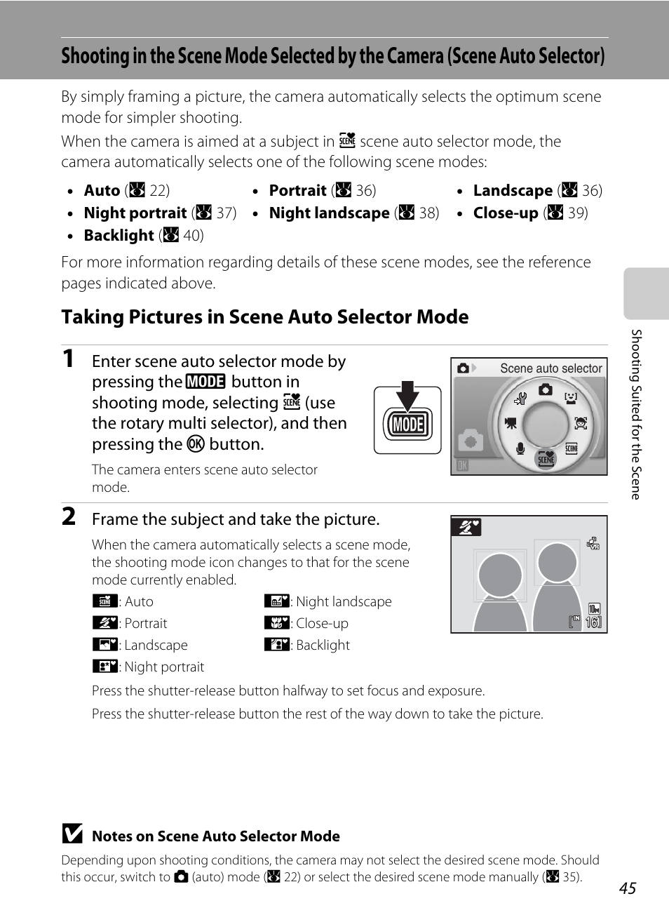 Taking pictures in scene auto selector mode, A 45) | Nikon S610 - S610c User Manual | Page 57 / 151