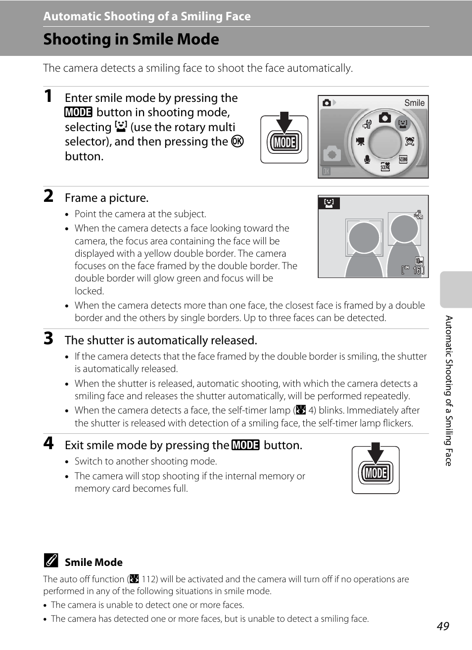 Automatic shooting of a smiling face, Shooting in smile mode, A automatic shooting of a smiling face | Nikon S610 - S610c User Manual | Page 61 / 151