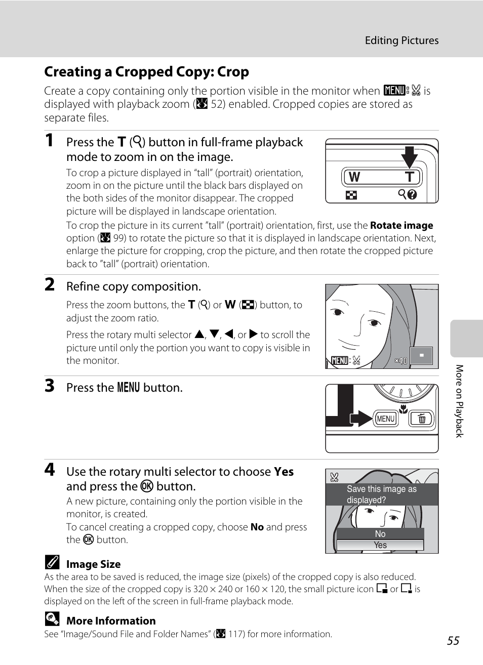 Creating a cropped copy: crop, A 55) | Nikon S610 - S610c User Manual | Page 67 / 151