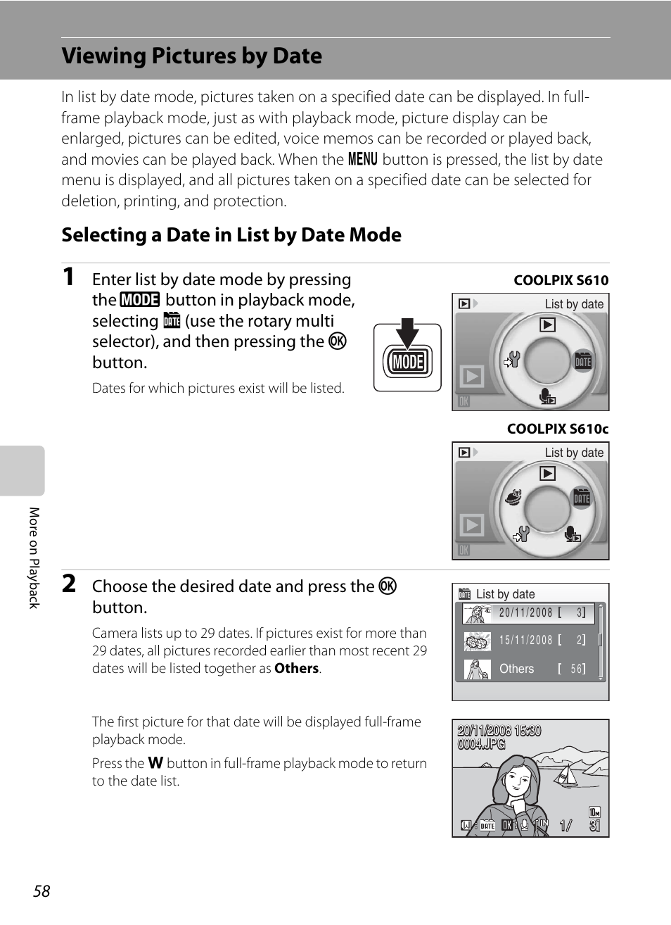 Viewing pictures by date, Selecting a date in list by date mode | Nikon S610 - S610c User Manual | Page 70 / 151