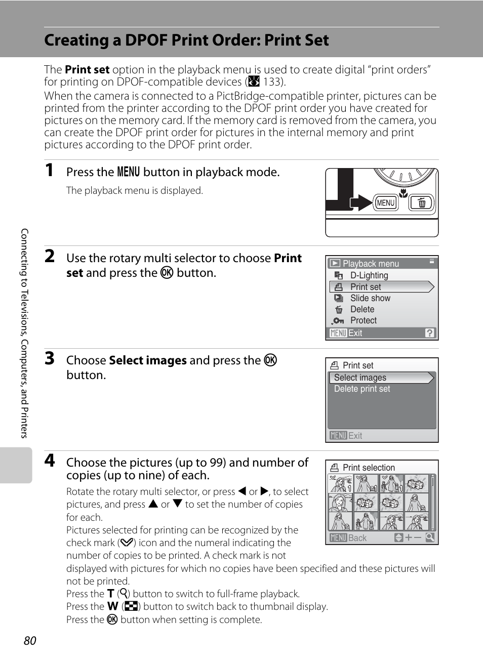 Creating a dpof print order: print set, A 80, A 80) | Nikon S610 - S610c User Manual | Page 92 / 151