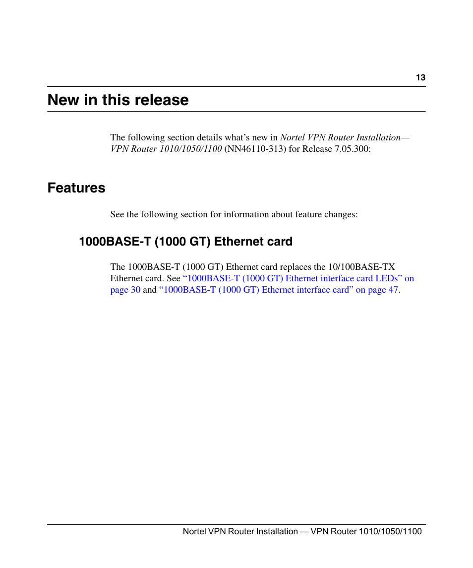 New in this release, Features, 1000base-t (1000 gt) ethernet card | Nortel Networks Accelar 1050 User Manual | Page 13 / 64