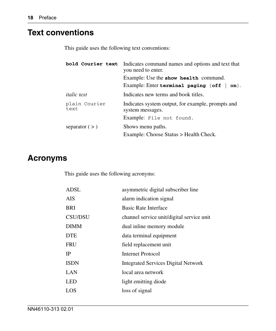 Text conventions, Acronyms, Text conventions acronyms | Nortel Networks Accelar 1050 User Manual | Page 18 / 64