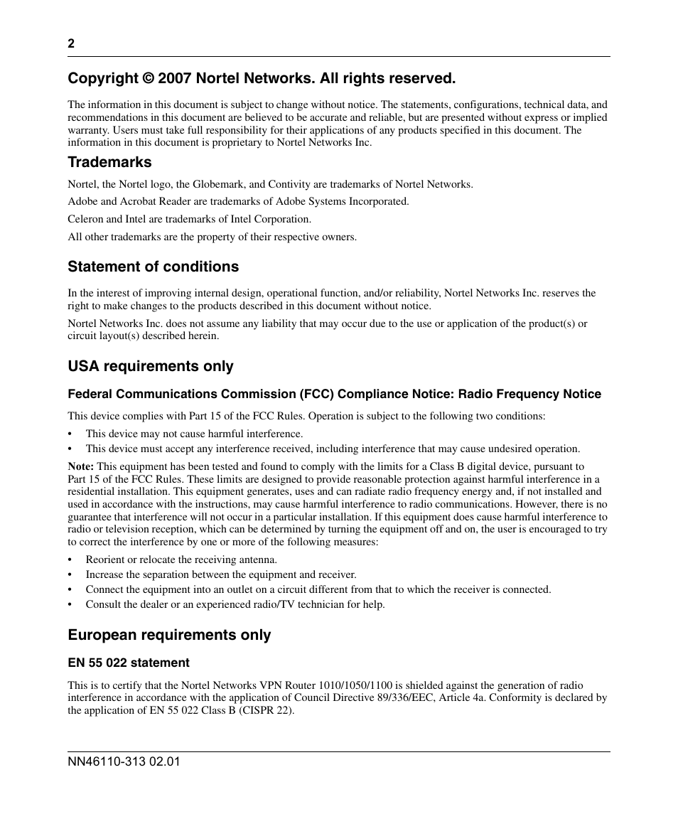 Trademarks, Statement of conditions, Usa requirements only | European requirements only | Nortel Networks Accelar 1050 User Manual | Page 2 / 64