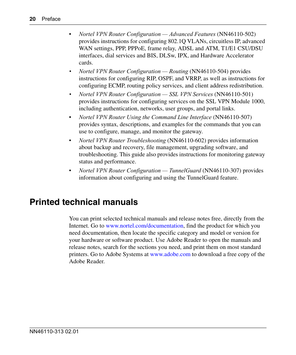 Printed technical manuals | Nortel Networks Accelar 1050 User Manual | Page 20 / 64