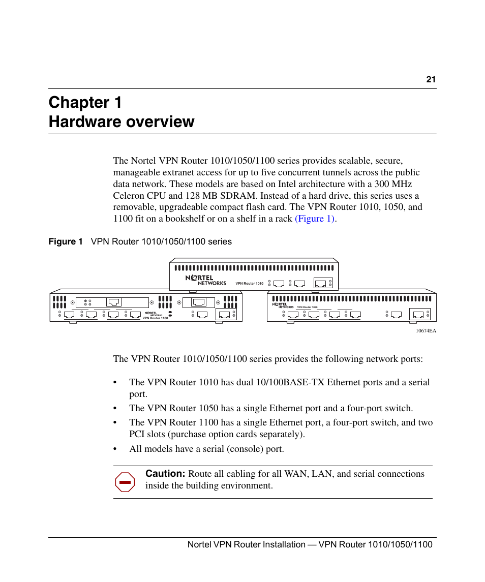 Hardware overview, Chapter 1 hardware overview, Figure 1 | Vpn router 600 1010/1050/1100 series | Nortel Networks Accelar 1050 User Manual | Page 21 / 64