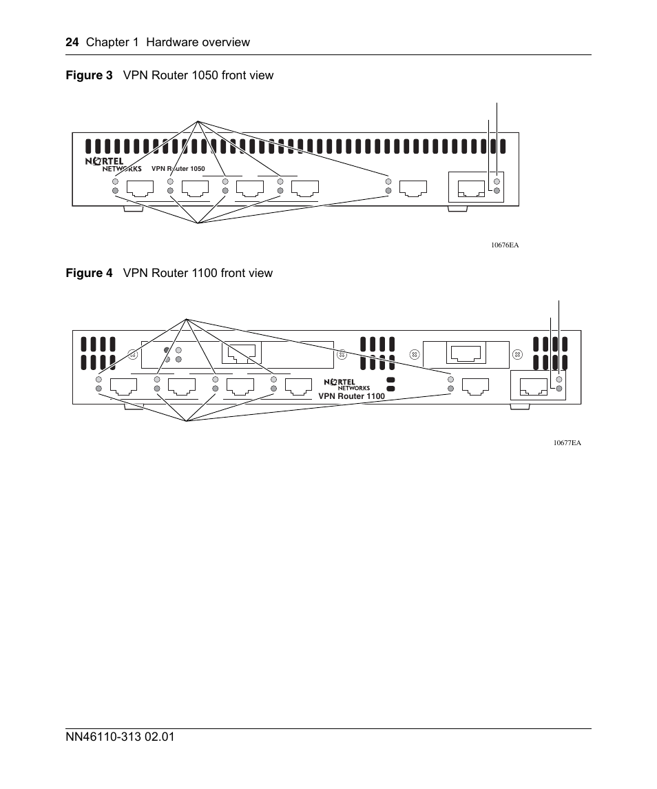 Figure 3, Vpn router 600 1050 front view, Figure 4 | Vpn router 600 1100 front view | Nortel Networks Accelar 1050 User Manual | Page 24 / 64