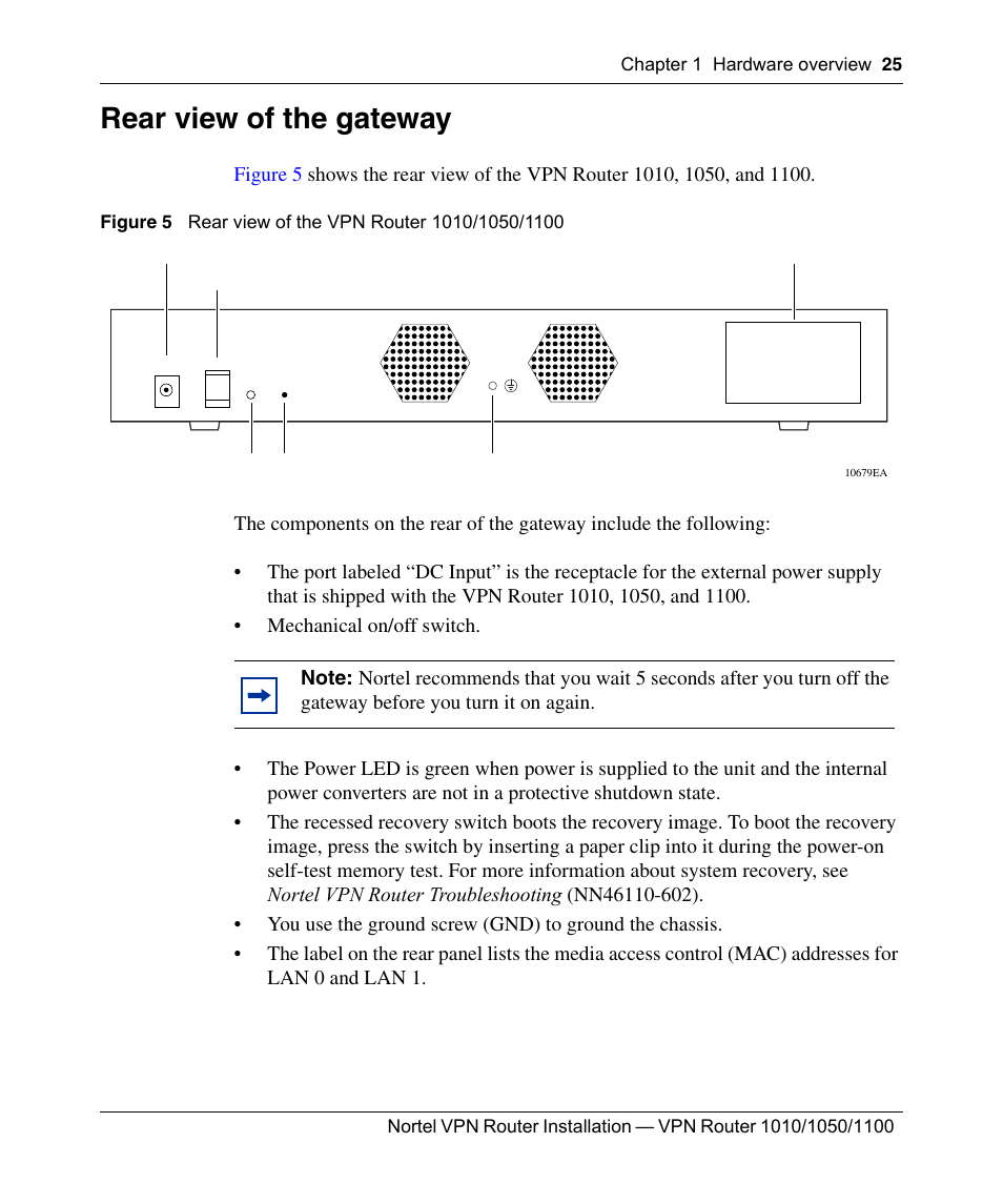 Rear view of the gateway, Figure 5, Rear view of the vpn router 600 1010/1050/1100 | Nortel Networks Accelar 1050 User Manual | Page 25 / 64