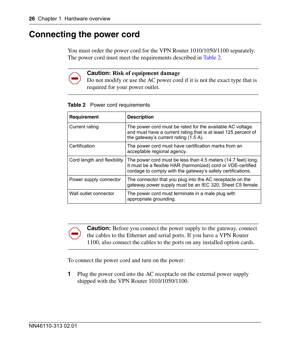 Connecting the power cord, Table 2, Power cord requirements | Nortel Networks Accelar 1050 User Manual | Page 26 / 64