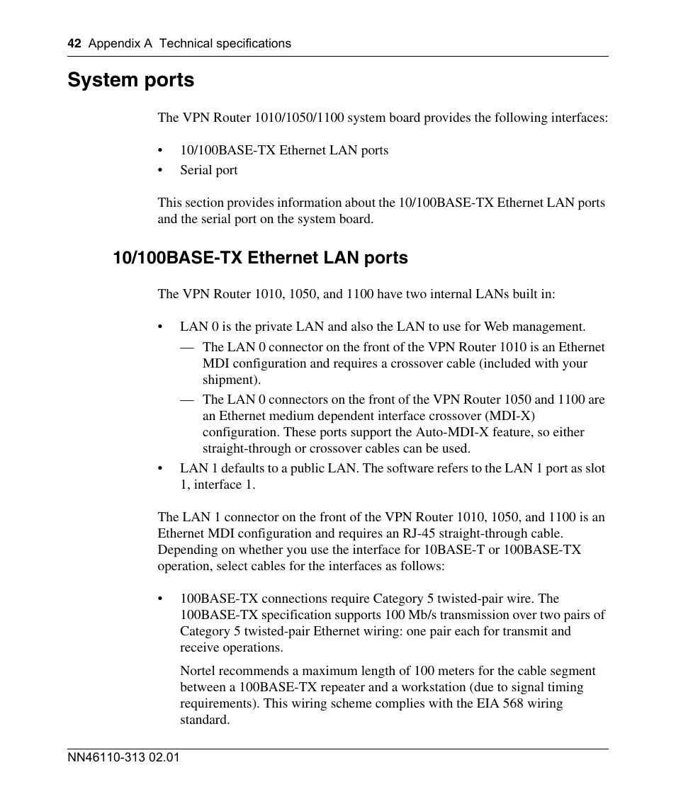 System ports, 10/100base-tx ethernet lan ports | Nortel Networks Accelar 1050 User Manual | Page 42 / 64