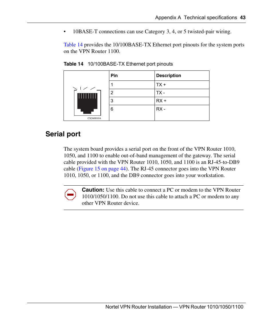 Serial port, Table 14, 10/100base-tx ethernet port pinouts | Nortel Networks Accelar 1050 User Manual | Page 43 / 64