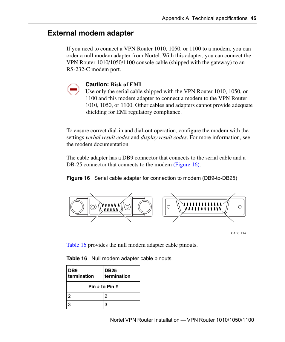 External modem adapter, Figure 16, Table 16 | Null modem adapter cable pinouts | Nortel Networks Accelar 1050 User Manual | Page 45 / 64