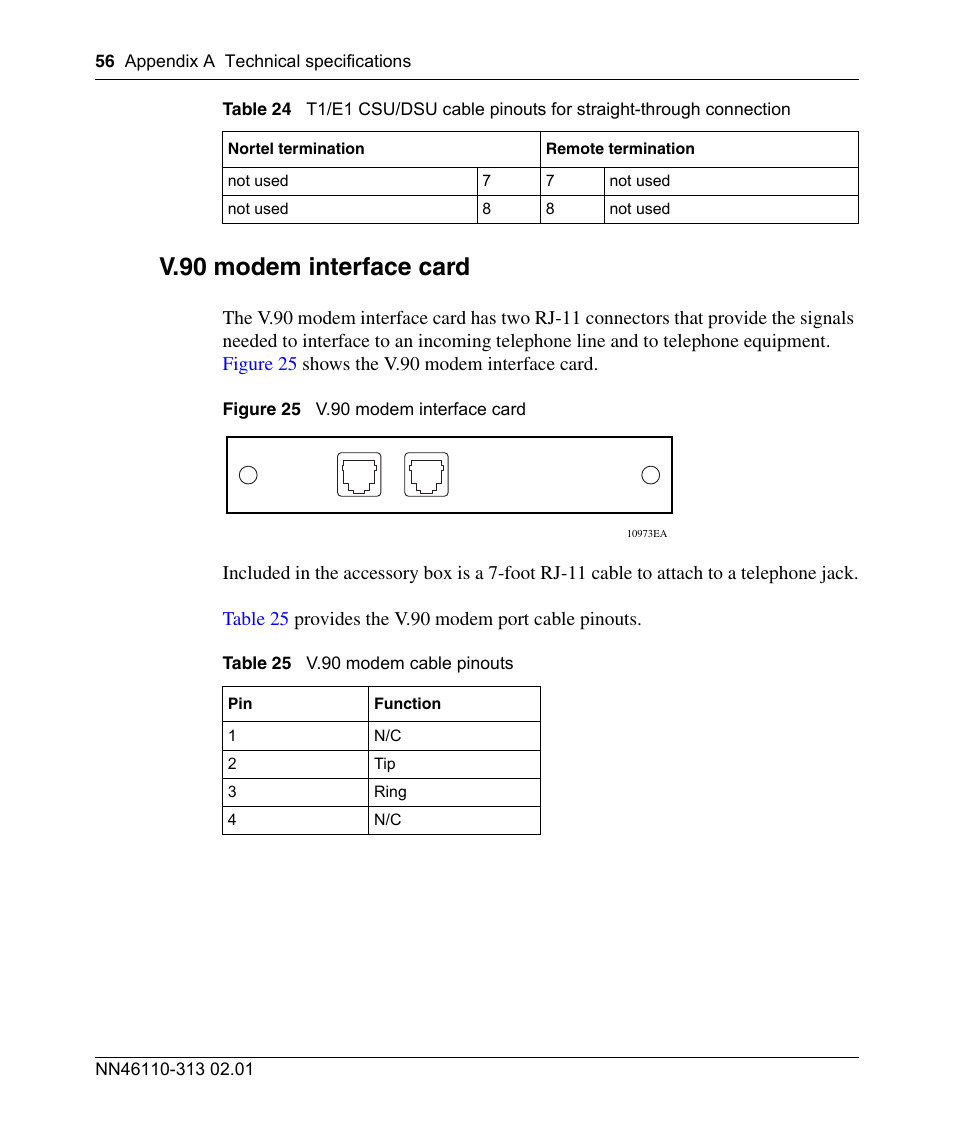 V.90 modem interface card, Figure 25, Table 25 | V.90 modem cable pinouts | Nortel Networks Accelar 1050 User Manual | Page 56 / 64