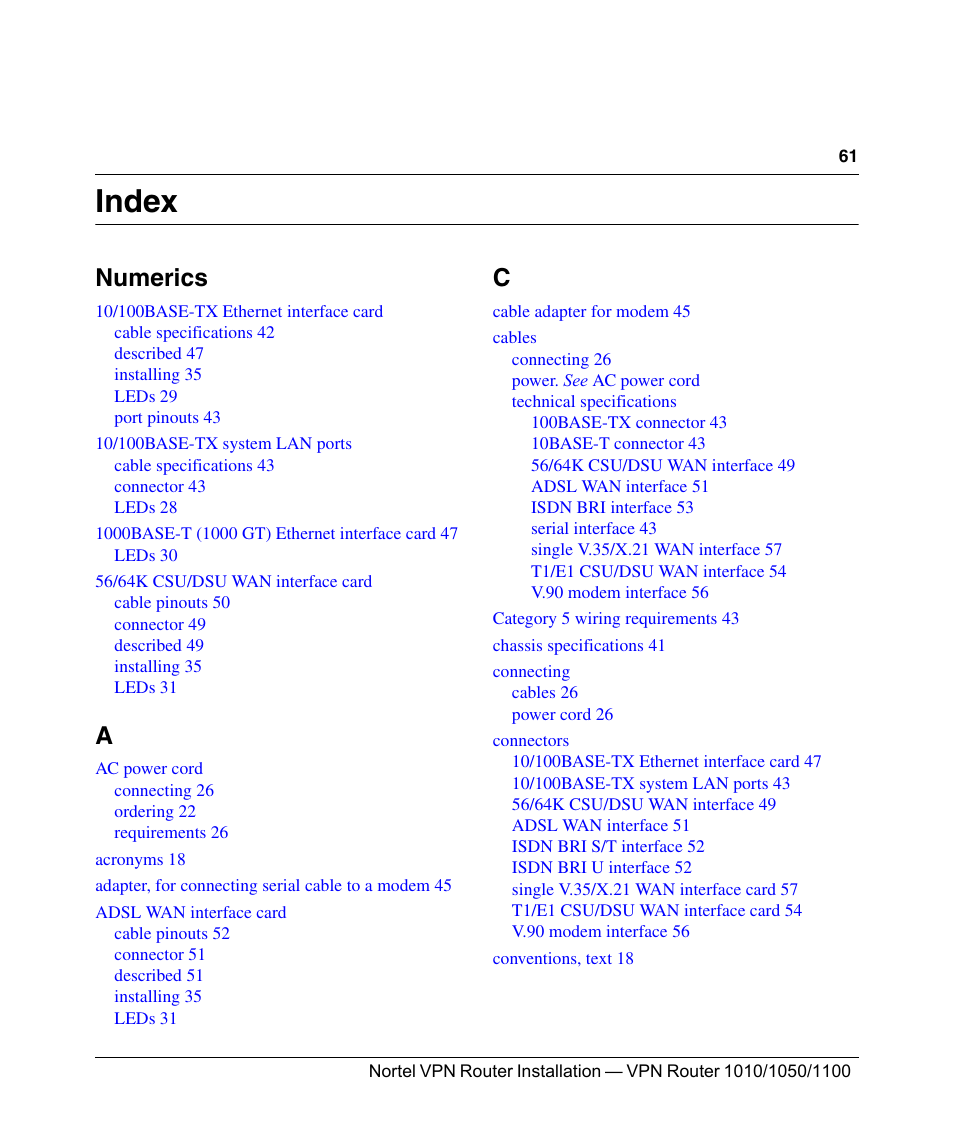 Index, Numerics | Nortel Networks Accelar 1050 User Manual | Page 61 / 64