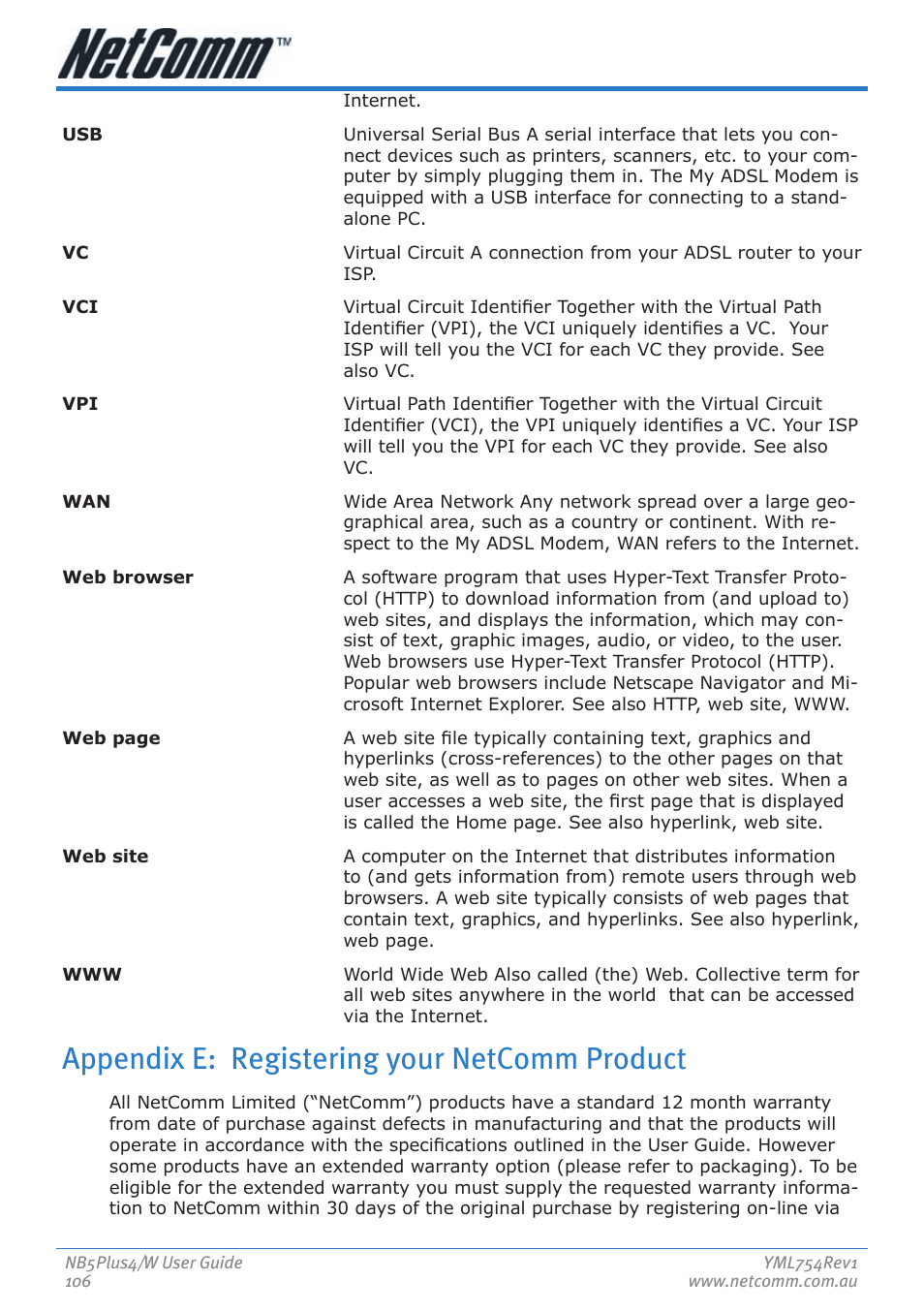 Appendix e: registering your netcomm product | Nortel Networks NB5PLUS4/W User Manual | Page 106 / 112