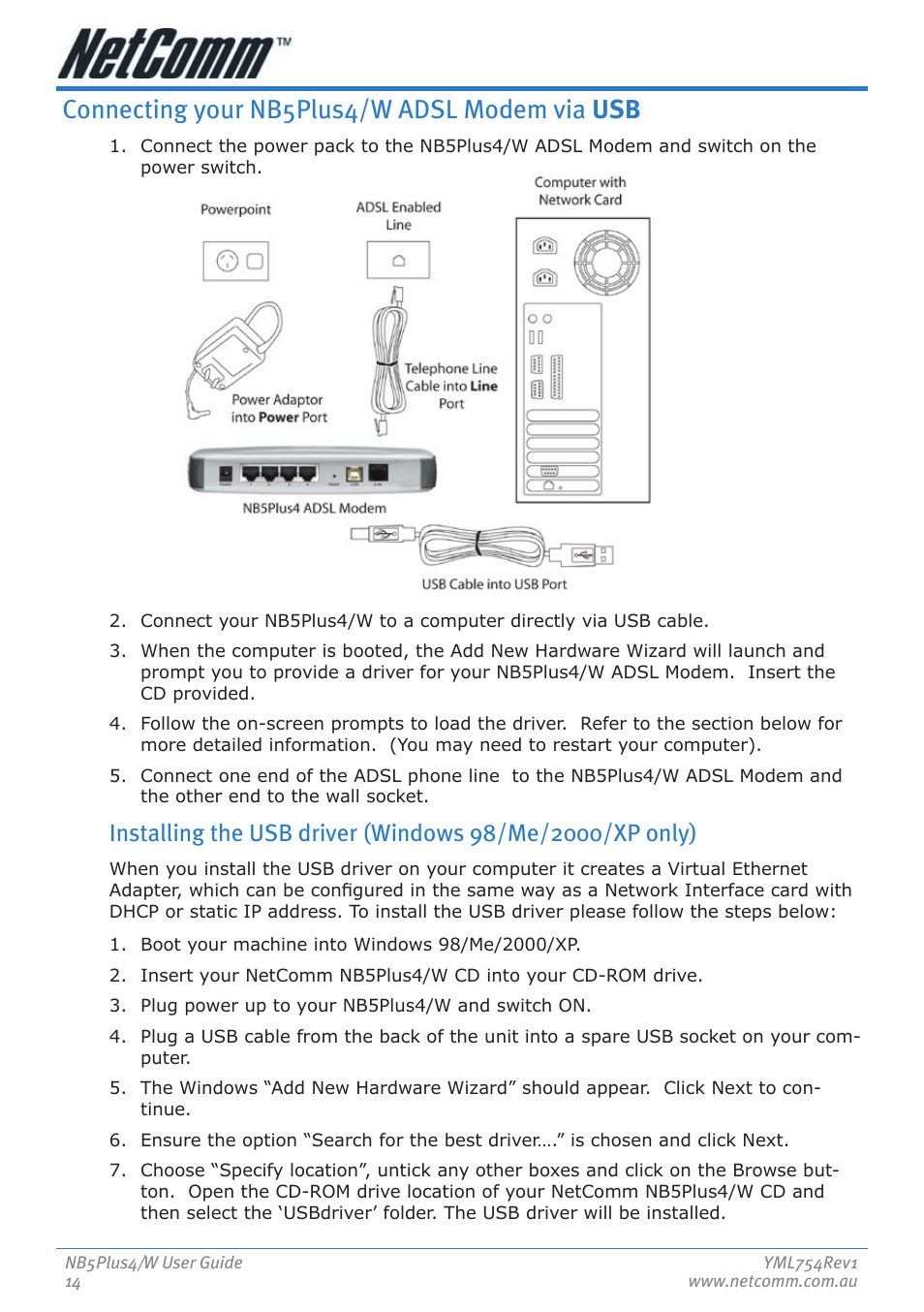 Connecting your nb5plus4/w adsl modem via usb | Nortel Networks NB5PLUS4/W User Manual | Page 14 / 112