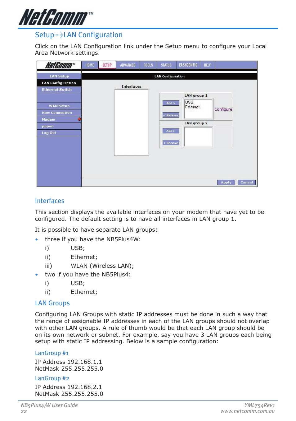Setup>lan configuration, Interfaces, Lan groups | Nortel Networks NB5PLUS4/W User Manual | Page 22 / 112