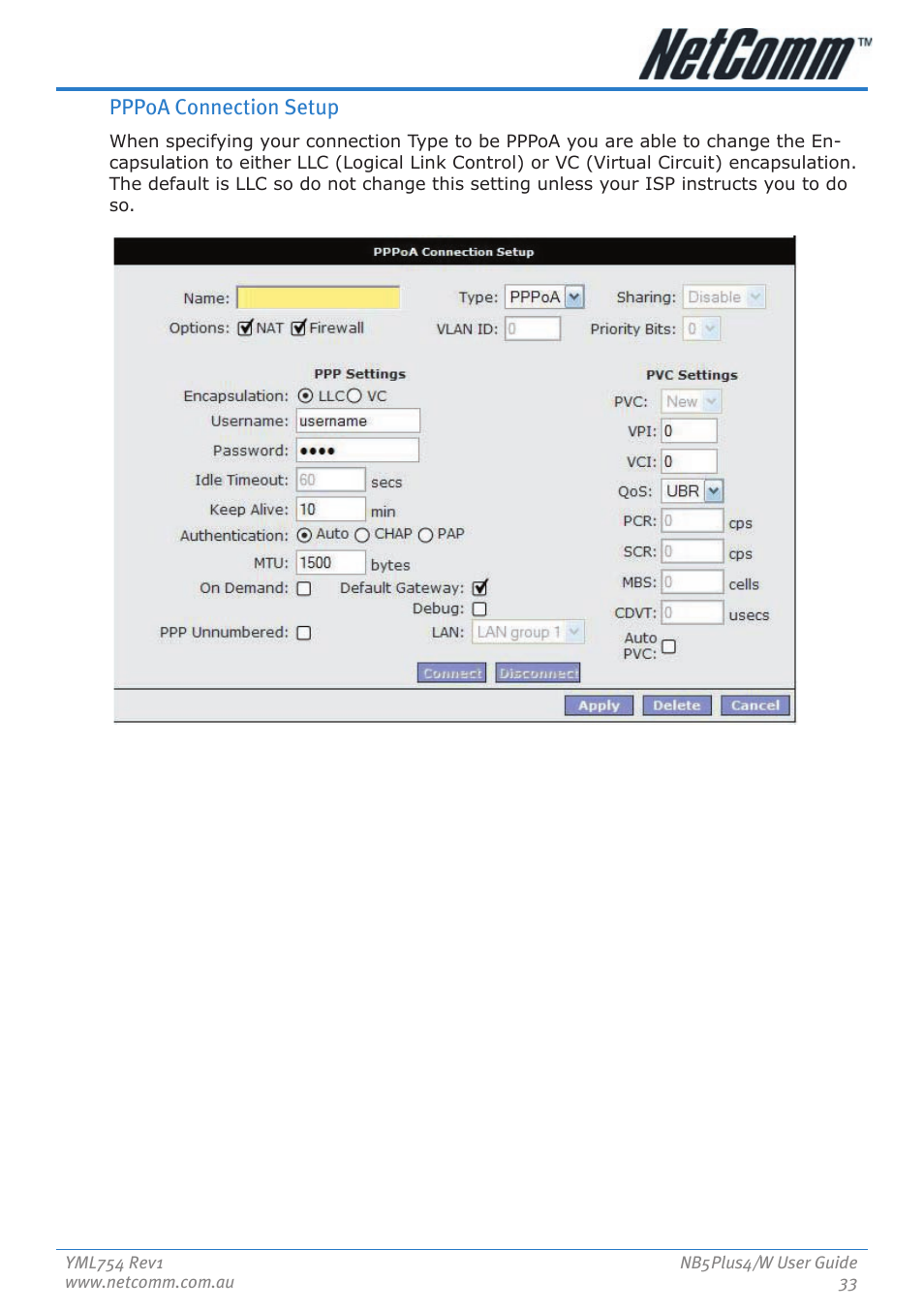 Pppoa connection setup | Nortel Networks NB5PLUS4/W User Manual | Page 33 / 112
