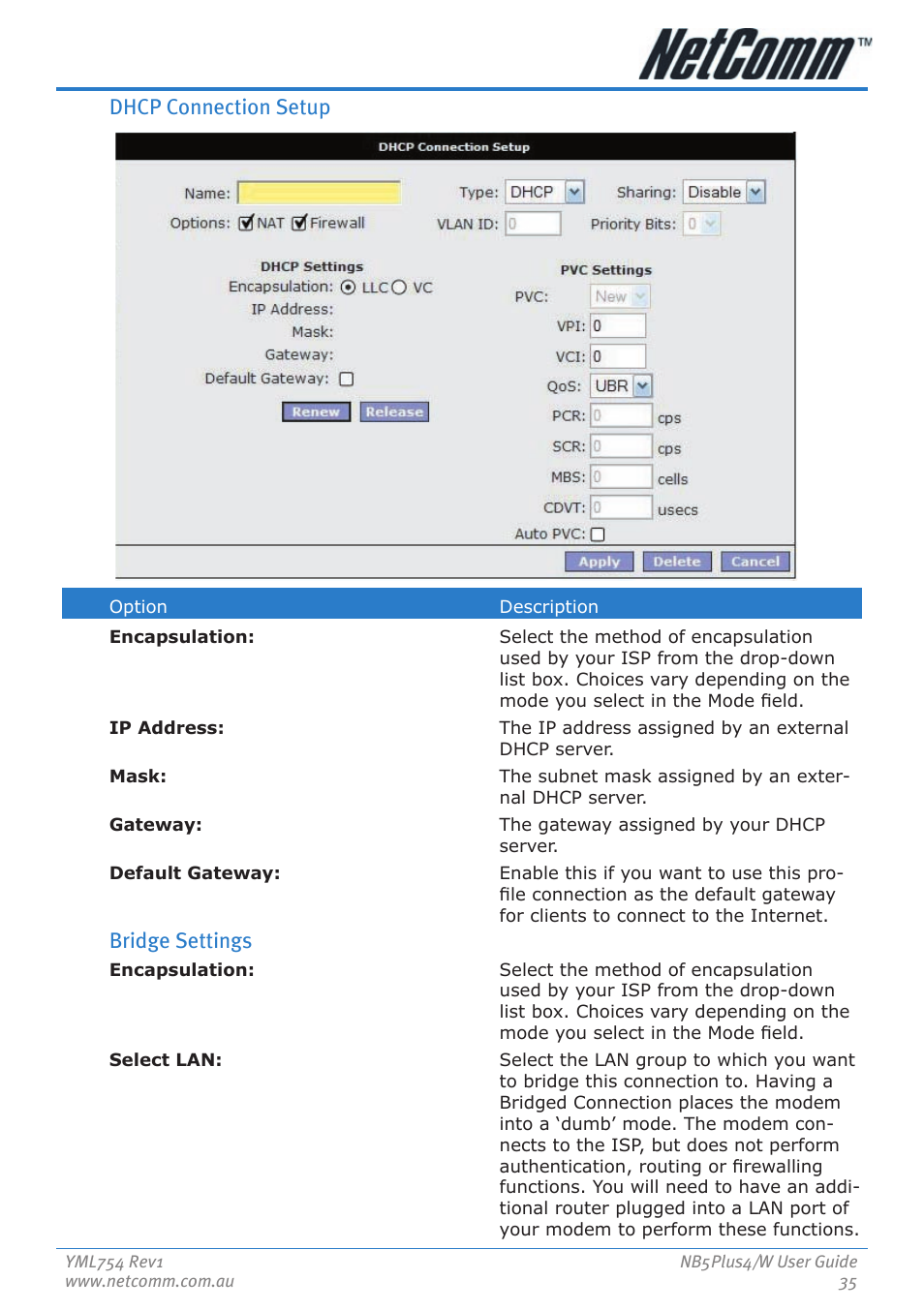 Dhcp connection setup, Bridge settings | Nortel Networks NB5PLUS4/W User Manual | Page 35 / 112