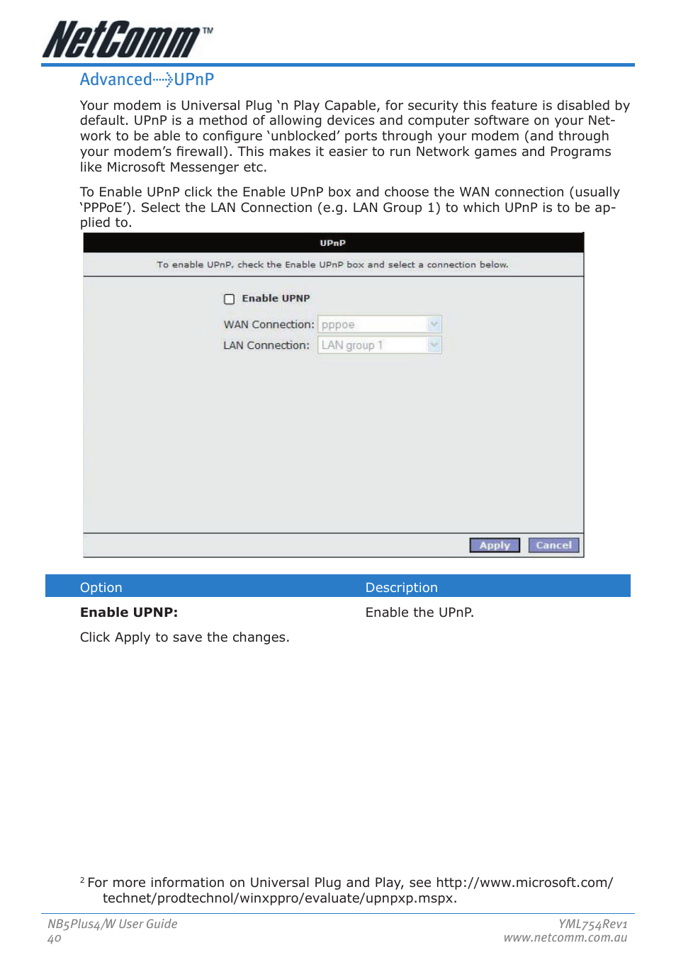 Advanced>upnp | Nortel Networks NB5PLUS4/W User Manual | Page 40 / 112