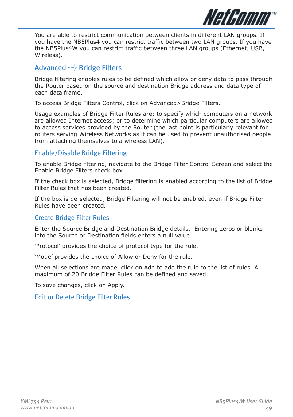 Advanced > bridge filters, Enable/disable bridge filtering, Create bridge filter rules | Edit or delete bridge filter rules | Nortel Networks NB5PLUS4/W User Manual | Page 49 / 112