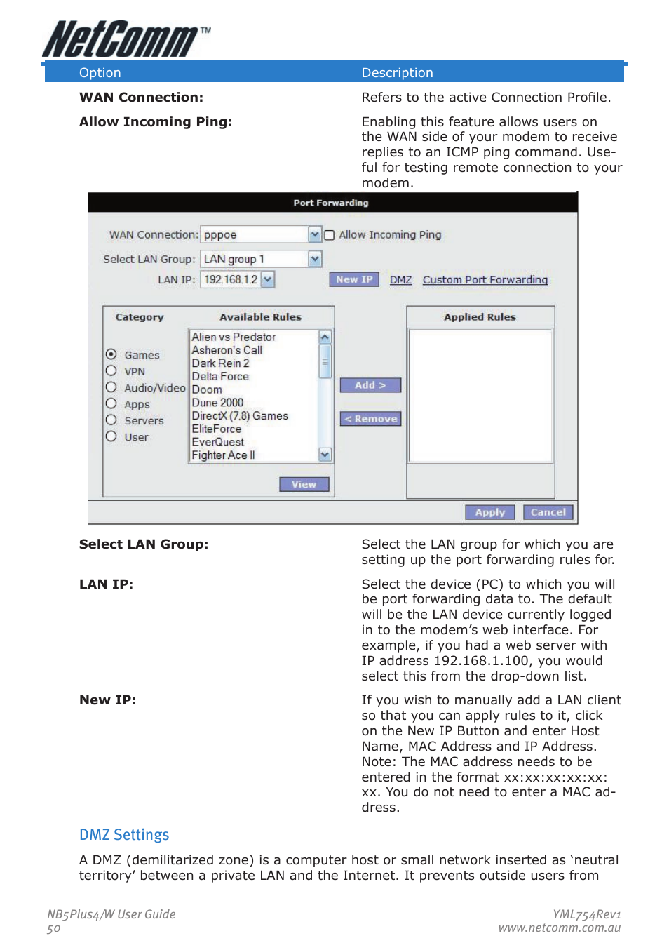 Dmz settings | Nortel Networks NB5PLUS4/W User Manual | Page 50 / 112