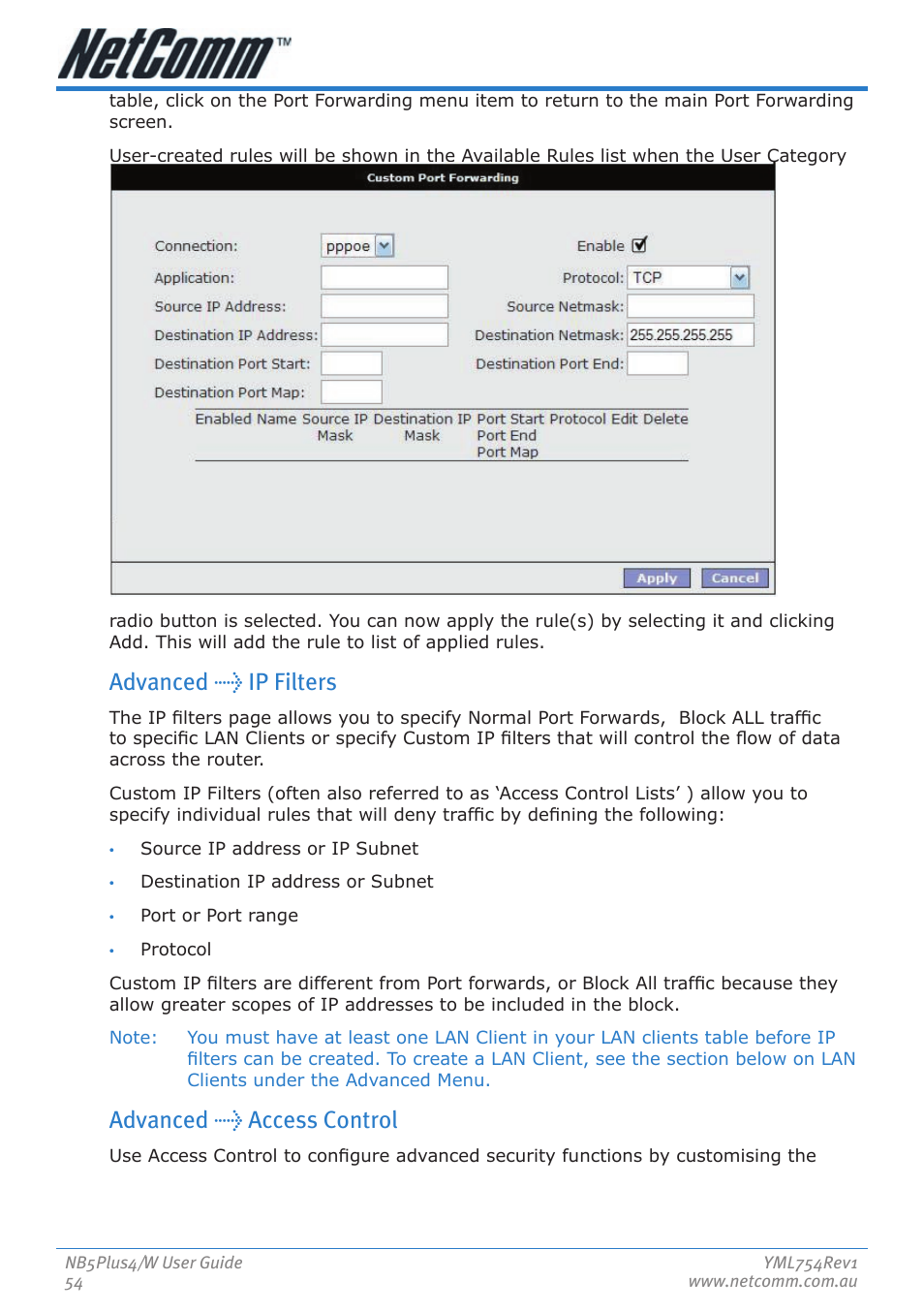 Advanced > ip filters, Advanced > access control | Nortel Networks NB5PLUS4/W User Manual | Page 54 / 112